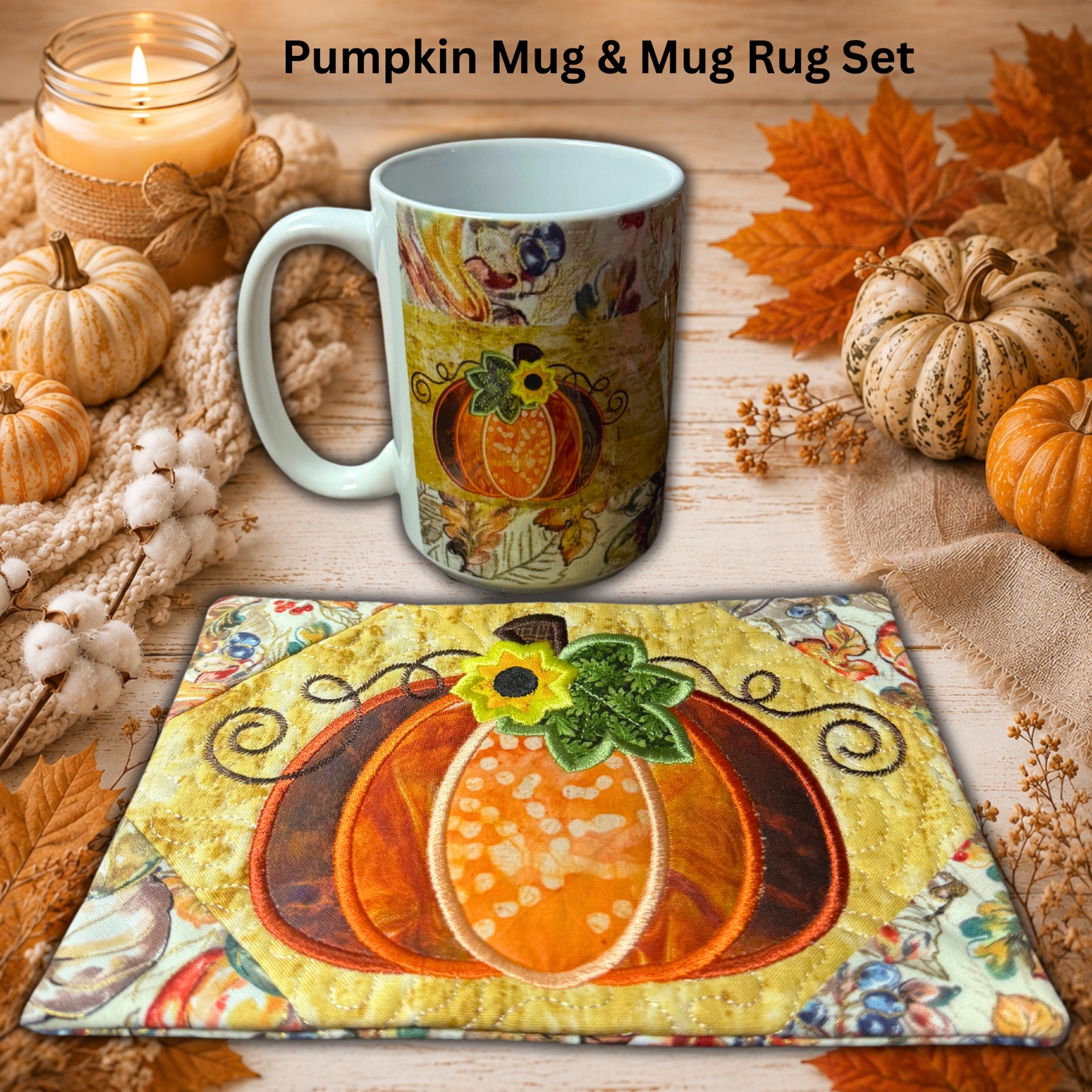 Pumpkin mug and embroidered pumpkin mug rug set