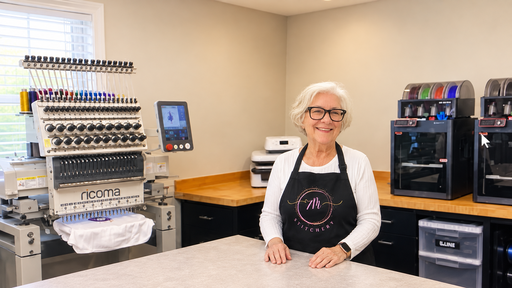 Martiee in the 7M Stitchery studio with embroidery, sublimation and 3D printing equipment
