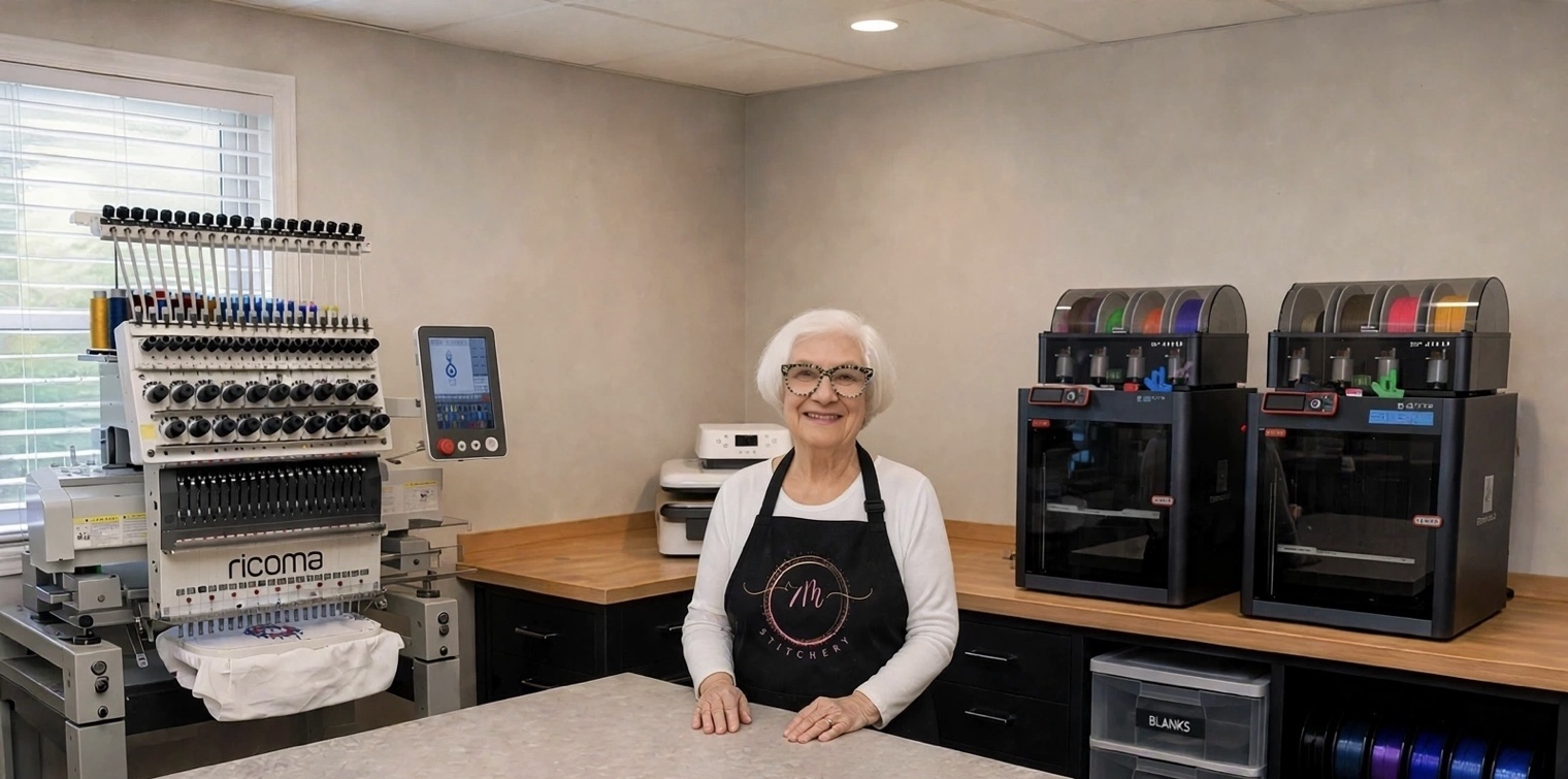 Martiee in the 7M Stitchery studio with embroidery, sublimation and 3D printing equipment