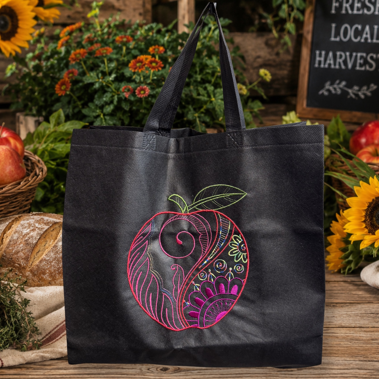 Embroidered apple tote