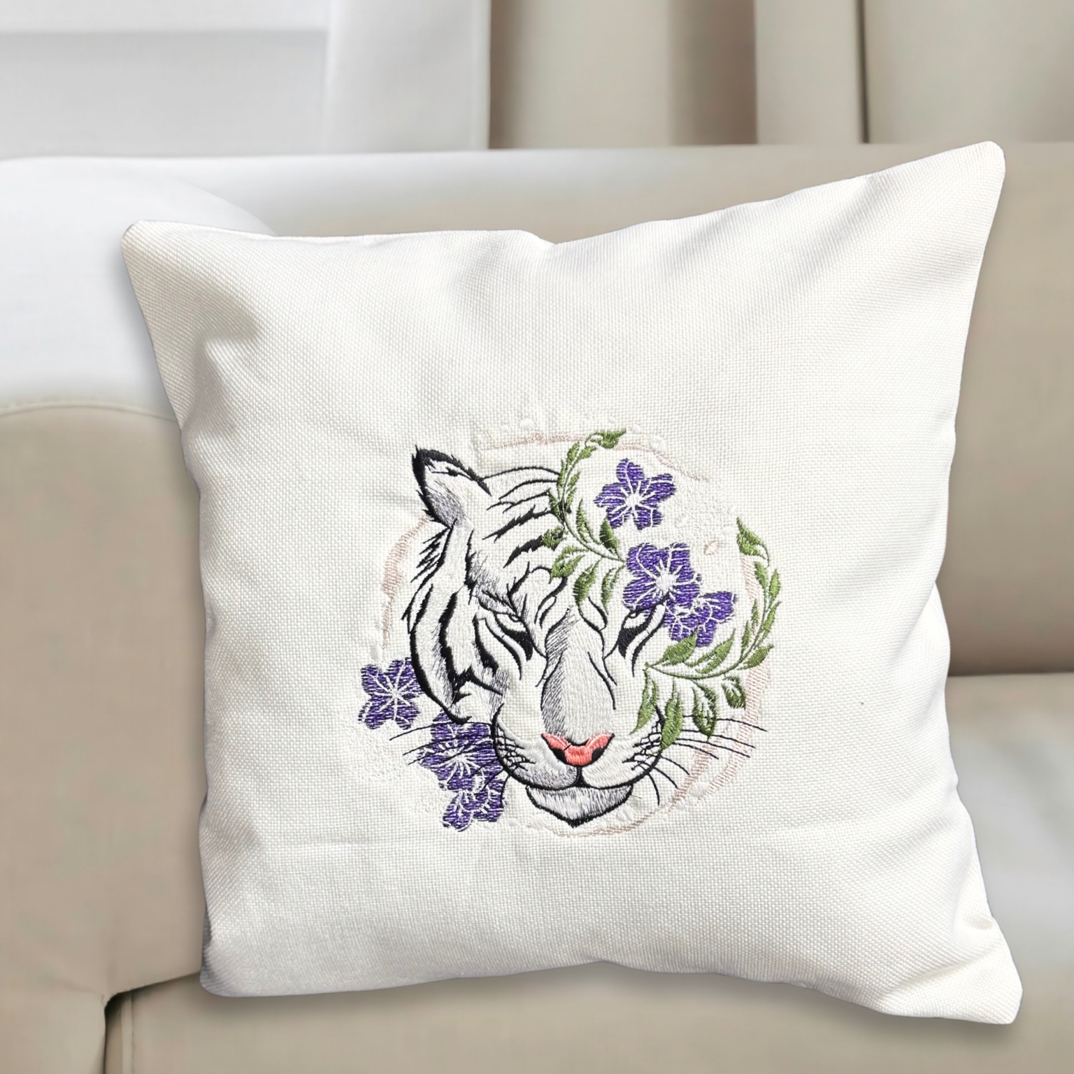 White tiger embroidered pillow