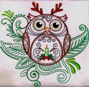 TOWEL WHITE FLOUR SACK TOWEL 27”X27” CHRISTMAS EMBROIDERED OWL WITH ANTLERS & CANDLE