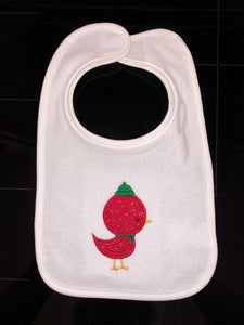 BABY BIB! CHRISTMAS EMBROIDERED APPLIQUÉ BIRD WITH GREEN HAT