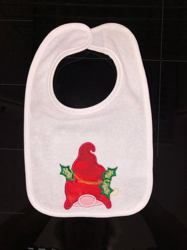 BABY BIB! CHRISTMAS EMBROIDERED APPLIQUÉ GNOME WITH RED HAT & HOLLY PEEKER