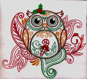 TOWEL WHITE FLOUR SACK 27”X27” CHRISTMAS EMBROIDERED OWL WITH HOLLY & CANDY CANE