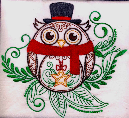 TOWEL WHITE FLOUR SACK 27”X27” CHRISTMAS EMBROIDERED OWL WITH HAT SCARF & STAR