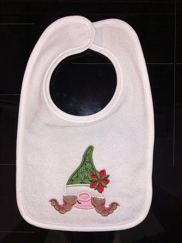 BABY BIB! CHRISTMAS EMBROIDERED APPLIQUE GIRL GNOME PEEKER GREEN HAT