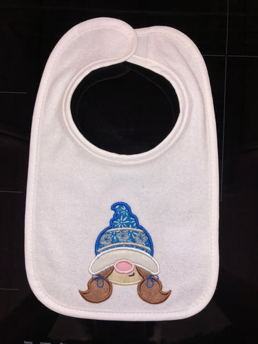 BABY BIB! CHRISTMAS EMBROIDERED APPLIQUÉ GIRL GNOME PEEKER BLUE HAT