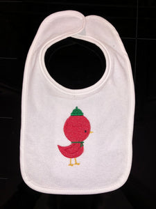 BABY BIB! CHRISTMAS EMBROIDERED BIRD WITH GREEN HAT