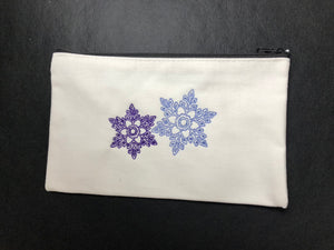 TOTE BAG WHITE CANVAS SNOWFLAKES PURPLE BLUE CANVAS ZIPPERED