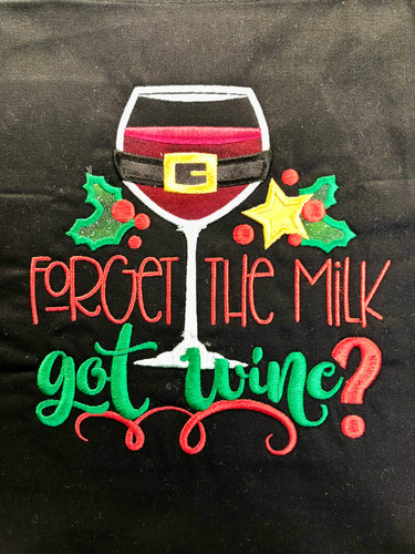 APRON BLACK CHRISTMAS EMBROIDERED APPLIQUÉ FORGET THE MILK GOT WINE 30”X33”