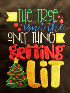 APRON BLACK CHRISTMAS EMBROIDERED APPLIQUÉ TREE ISN’T ONLY THING GETTING LIT 30”X33”