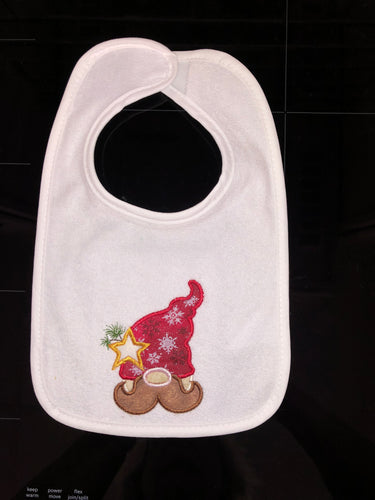 BABY BIB! CHRISTMAS EMBROIDERED APPLIQUE GNOME PEEKER WITH MUSTACHE