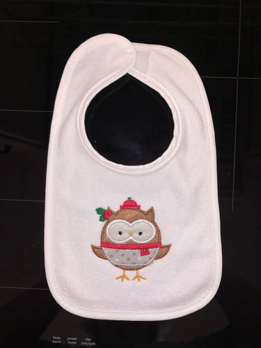 BABY BIB! CHRISTMAS EMBROIDERED APPLIQUÉ OWL WITH RED HAT