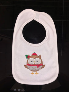 BABY BIB! CHRISTMAS EMBROIDERED APPLIQUÉ OWL WITH RED HAT